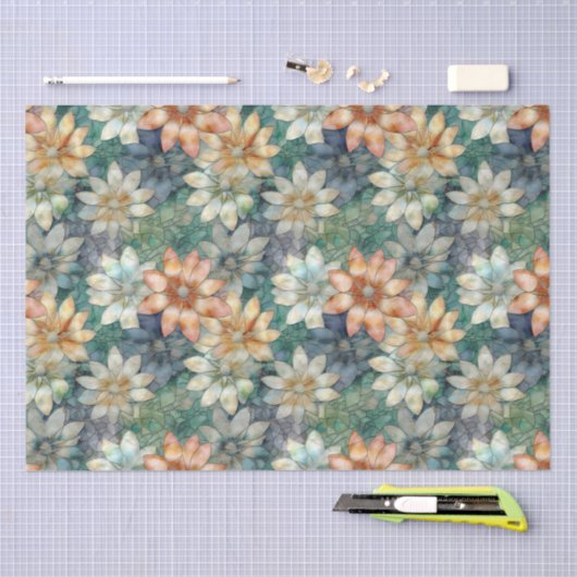 Perzik Wit Blauw Groen Bloemen Tissuepapier (Craft)