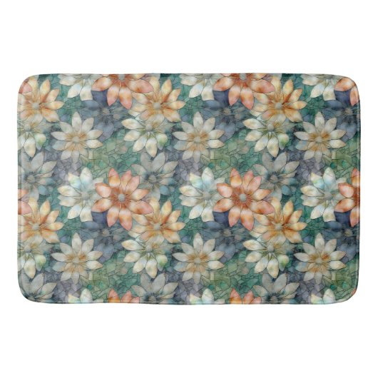 Perzik Wit Blauw Groen Bloemmotief Badmat (Voorkant)