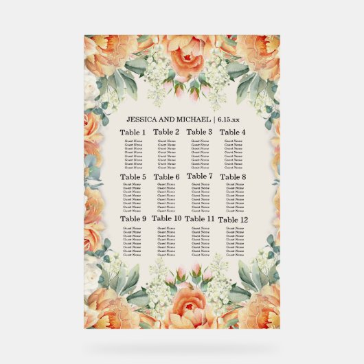 Perzik Wit Bloemen Greenery Trouwstoel Grafiek Acryl Bord (Voorkant)