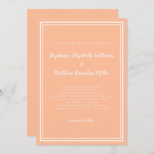 Perzik Wit Bruiloft Eenvoudig Minimalistisch Moder Kaart (Voorkant / Achterkant)