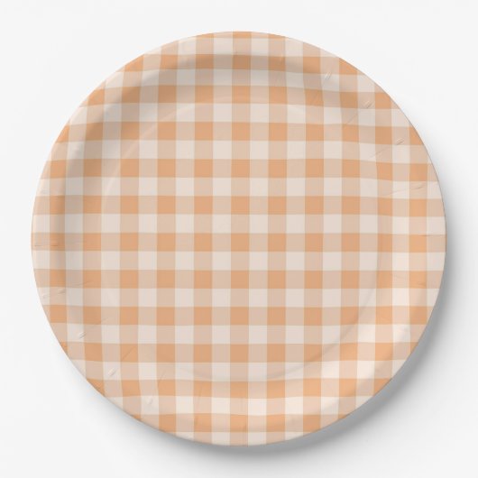 Perzik wit geruit gingham patroon papieren bordje (Voorkant)