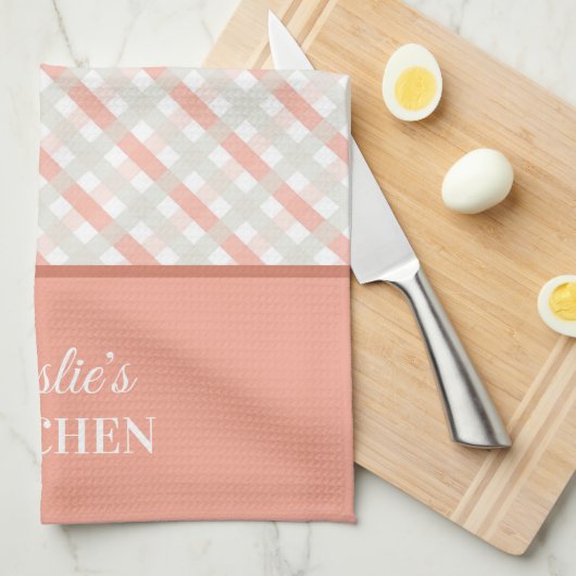 Perzik Wit Grijs Bloemen & Diagonaal Plaid Theedoek (Quarter Fold)