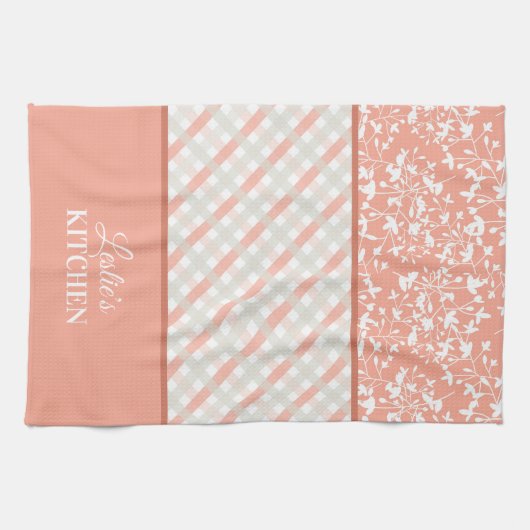 Perzik Wit Grijs Bloemen & Diagonaal Plaid Theedoek (Horizontaal)