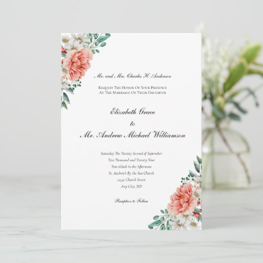 Perzik wit groen bloemen elegante formele bruiloft kaart (Staand voorkant)