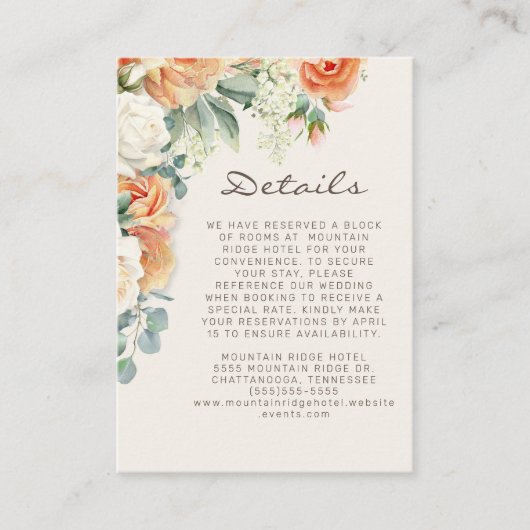 Perzik Witte Bloemen Eucalyptus Bruiloft Details Informatiekaartje (Voorkant)