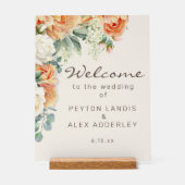 Perzik witte bloemen eucalyptus bruiloft welkom acryl bord (Voorkant)