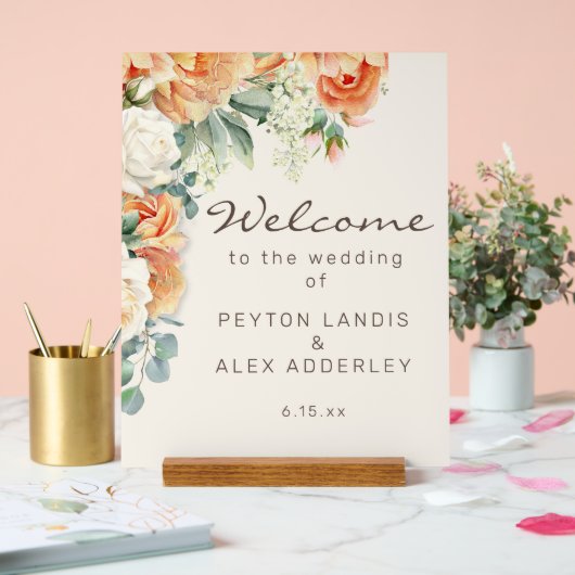Perzik witte bloemen eucalyptus bruiloft welkom acryl bord (Huwelijk)