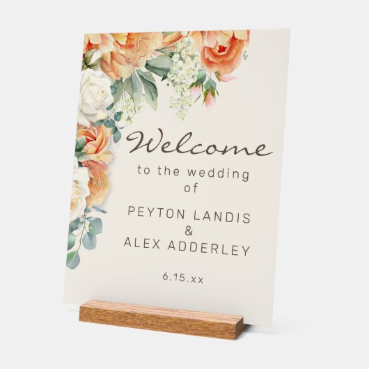 Perzik witte bloemen eucalyptus bruiloft welkom acryl bord (Hoek)