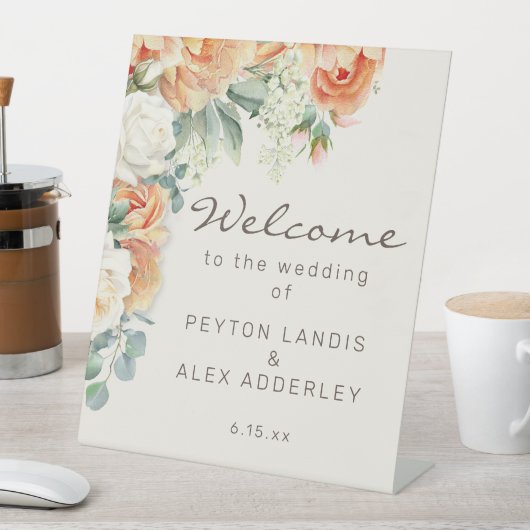 Perzik witte bloemen eucalyptus bruiloft welkom reclamebord met voetstuk (Insitu)