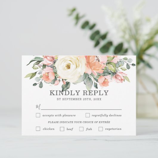 Perzik Witte Bloemen Trouwmaaltijd Keuze RSVP Kaar (Staand voorkant)