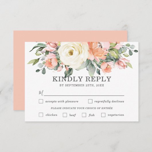 Perzik Witte Bloemen Trouwmaaltijd Keuze RSVP Kaar (Voorkant / Achterkant)