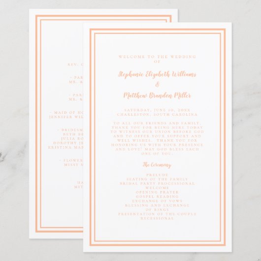 Perzik Witte Bruiloft Script Modern Ceremonie Prog (Voorkant / Achterkant)