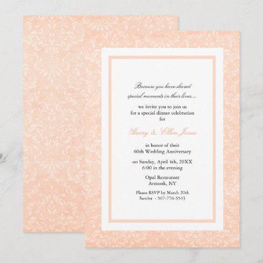 Perzik & Witte Damast Huwelijksjubileum Uitnodigin Kaart (Voorkant / Achterkant)