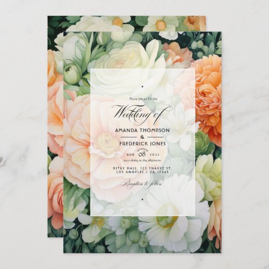 Perzik, witte en groene bloemenbruiloft kaart (Voorkant / Achterkant)