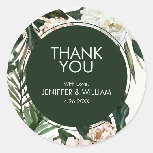 Perzik Witte Pioenen & Groene bladeren Bloemen bru Ronde Sticker (Voorkant)