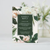 Perzik Witte Pioenen & Groene bladeren Bloemen bru RSVP Kaartje (Staand voorkant)