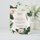 Perzik Witte Pioenen & Groene bladeren Bloemen bru RSVP Kaartje (Staand voorkant)