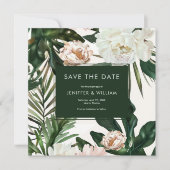 Perzik Witte Pioenen & Groene bladeren Bloemen bru Save The Date (Voorkant)