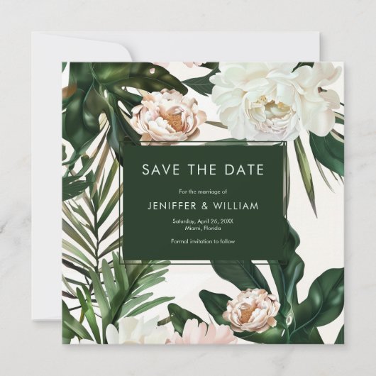Perzik Witte Pioenen & Groene bladeren Bloemen bru Save The Date (Voorkant)