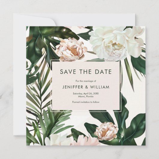 Perzik Witte Pioenen & Groene bladeren Bloemen bru Save The Date (Voorkant)