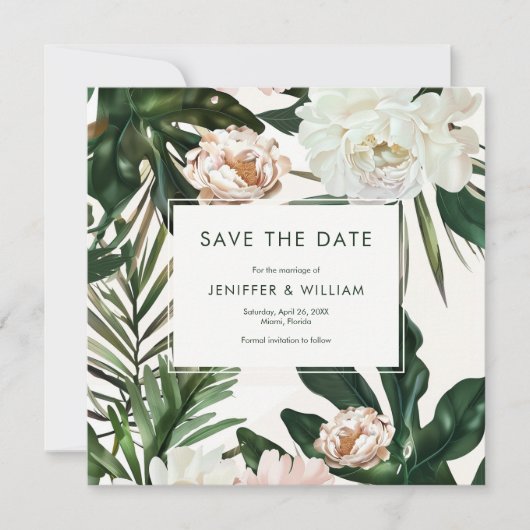 Perzik Witte Pioenen & Groene bladeren Bloemen bru Save The Date (Voorkant)
