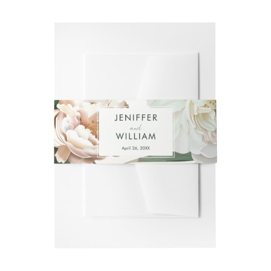 Perzik Witte Pioenen & Groene bladeren Bloemen bru Uitnodigingen Wikkel (Voorkant Voorbeeld)
