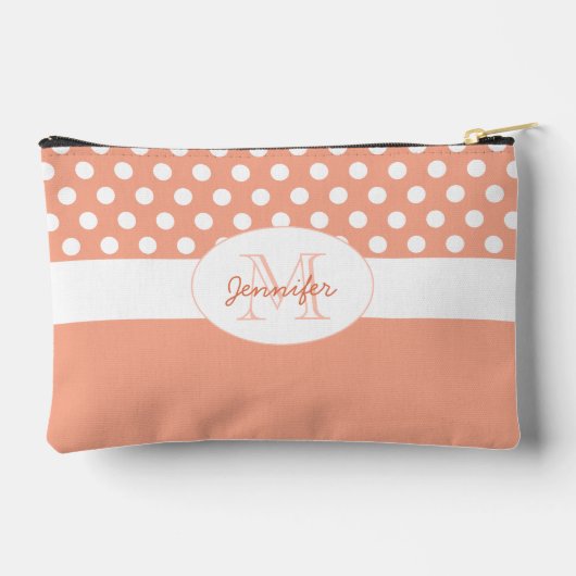 Perzik Witte polka stippen retro patroon Monogram Etui (Achterkant)