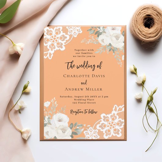 Perzik witte rozen kant bruiloft kaart