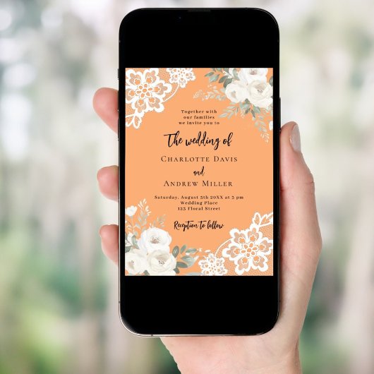 Perzik witte rozen kant bruiloft kaart