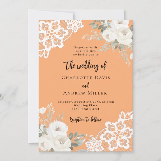 Perzik witte rozen kant bruiloft kaart (Voorkant)