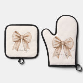 perzik witte strik ovenwant & pannenlap set (Voorkant)