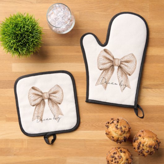 perzik witte strik ovenwant & pannenlap set (Top down)