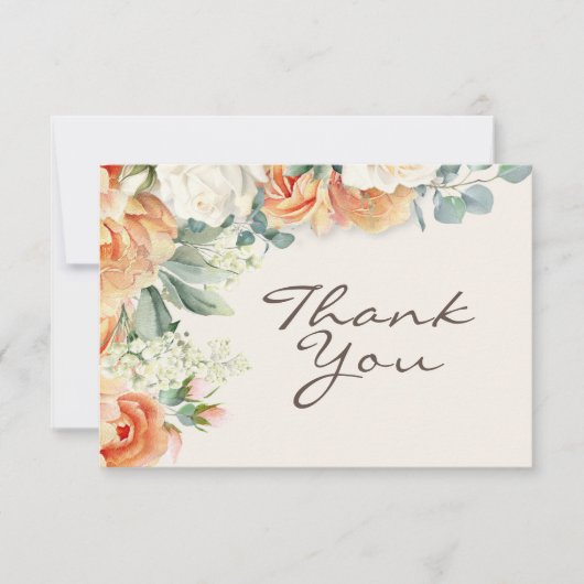 Perzik Witte Waterverf Bloemen Eucalyptus Bruiloft Bedankkaart (Voorkant)