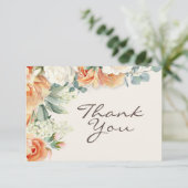 Perzik Witte Waterverf Bloemen Eucalyptus Bruiloft Bedankkaart (Staand voorkant)