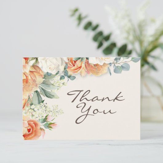 Perzik Witte Waterverf Bloemen Eucalyptus Bruiloft Bedankkaart (Staand voorkant)