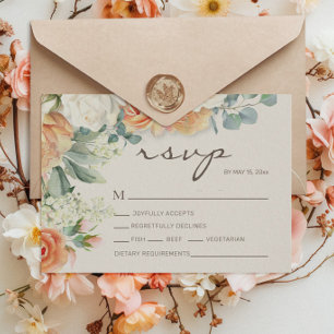 Perzik Witte Waterverf Bloemige Eucalyptus Bruilof RSVP Kaartje