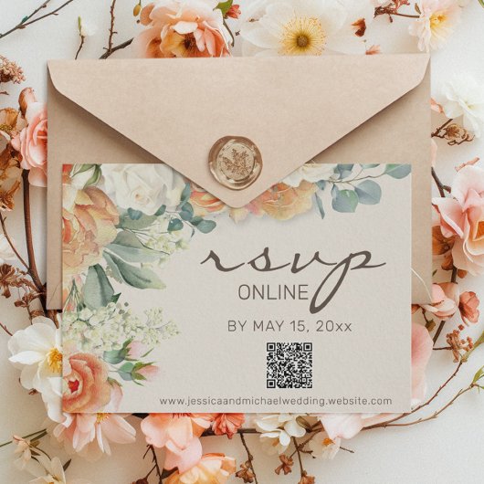 Perzik Witte Waterverf Bloemige Eucalyptus QR-code RSVP Kaartje