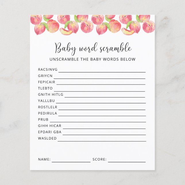 Perzik Woord Puzzel | Baby Shower Spel (Voorkant)