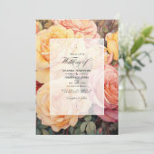 Perzik, zacht geel en stoffig Roos Bloemenbruiloft Kaart (Staand voorkant)