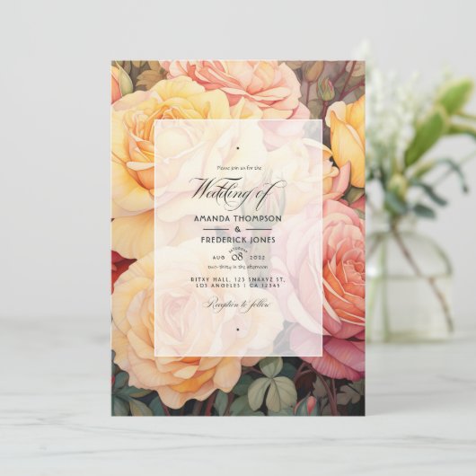 Perzik, zacht geel en stoffig Roos Bloemenbruiloft Kaart (Staand voorkant)