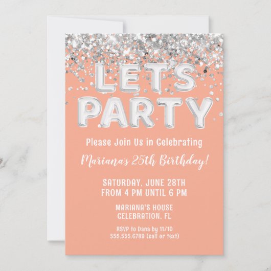 Perzik Zilver Glitter Verjaardagsfeestje Kaart (Voorkant)