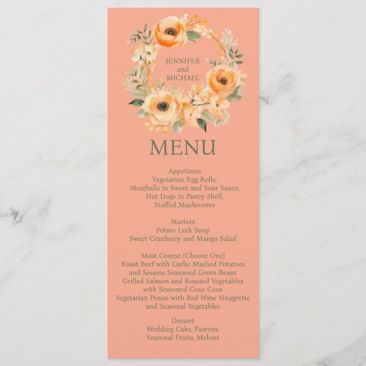 Perzik Zomer Diner of Lunch Menu Trouwmenu (Voorkant)