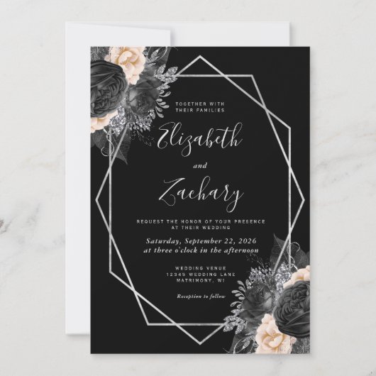 Perzik Zwart Bloemen Zilver Lijst Bruiloft Kaart (Voorkant)