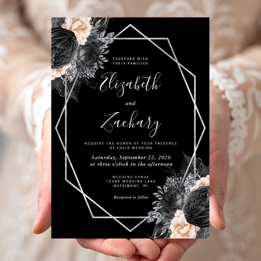 Perzik Zwart Bloemen Zilver Lijst Bruiloft Kaart