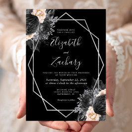 Perzik Zwart Bloemen Zilver Lijst Bruiloft Kaart