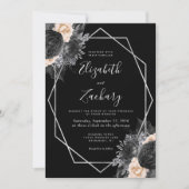 Perzik Zwart Bloemen Zilver Lijst QR Code Huwelijk Kaart (Voorkant)