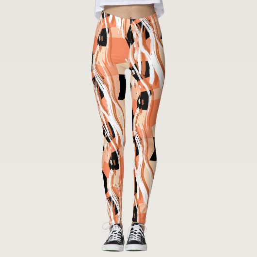 Perzik Zwart Wit Abstract Patroon. Leggings (Voorkant)