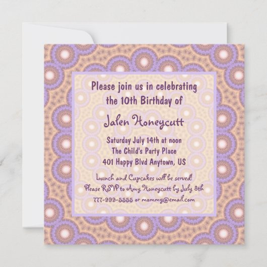 Perzikaanse en Lila cirkels uitnodiging op feestda (Voorkant)