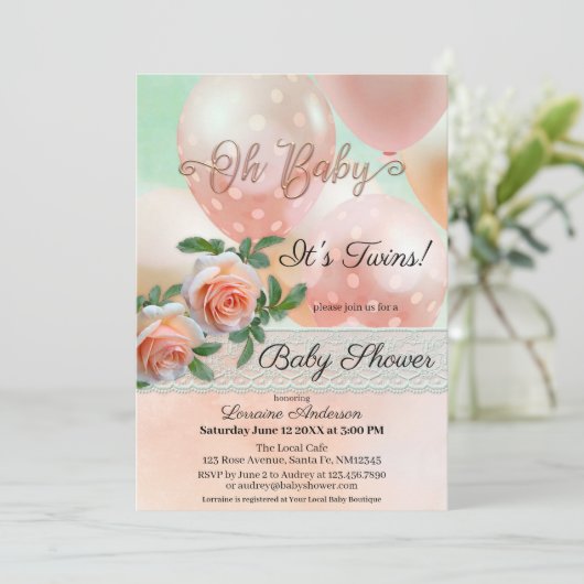 Perzikballonnen Baby shower met tweelingshoek Kaart (Staand voorkant)