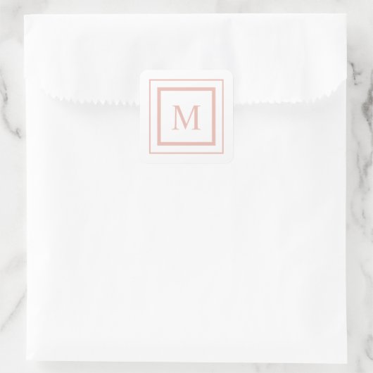 Perzikbeige en witte vierkante-grensmonogram vierkante sticker (Tas)